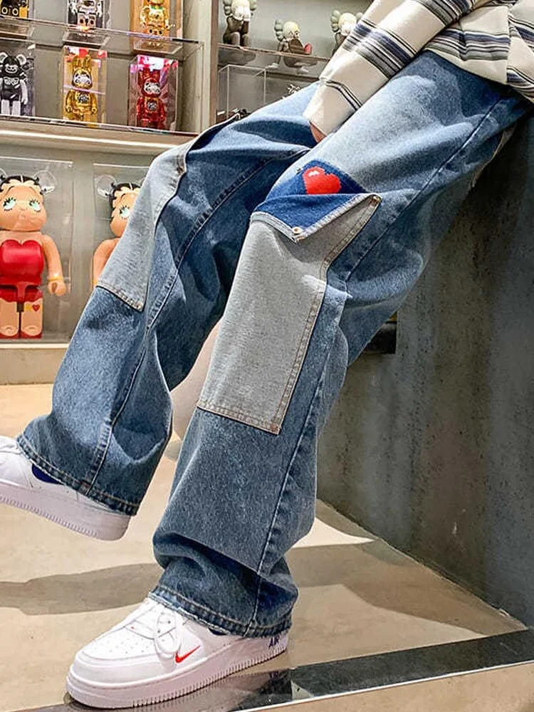 Aonga  Thanksgiving Day Gifts Men Jeans Patchwork Multi-Pocket Couple Denim Pants Beggar Style Cargo Pants High Street Casual Male Streetwear