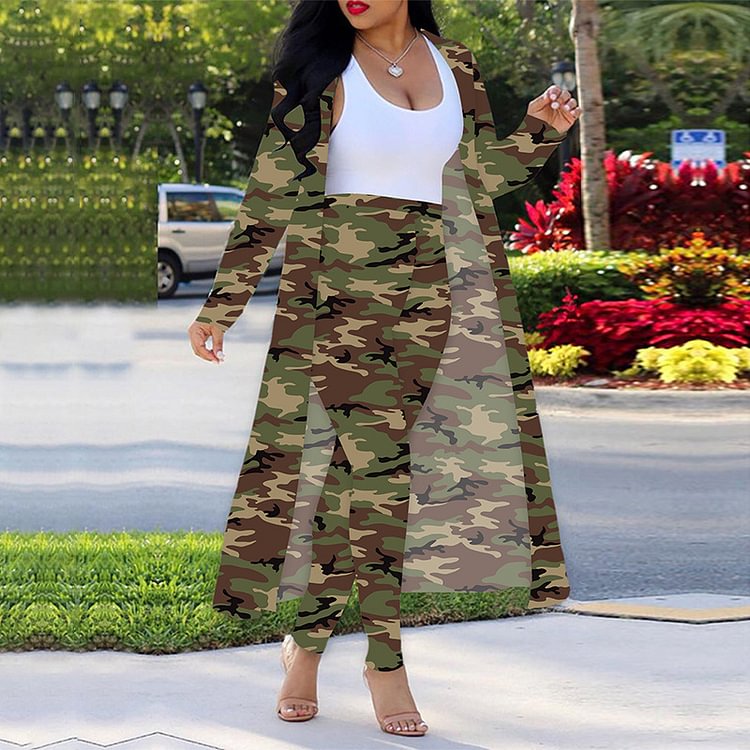 Vefave Casual Camo Print Cardigan Two Piece Set