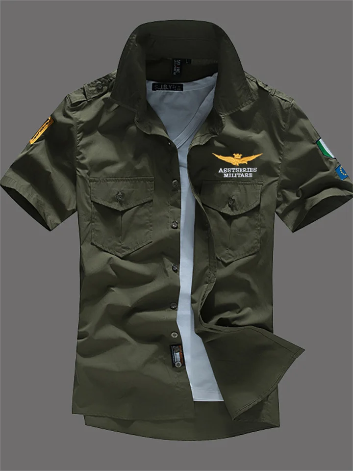 Air Force One Cotton Men's Short Sleeve Shirt Military Green Shirt Embroidered Shirt Men's Half Sleeve