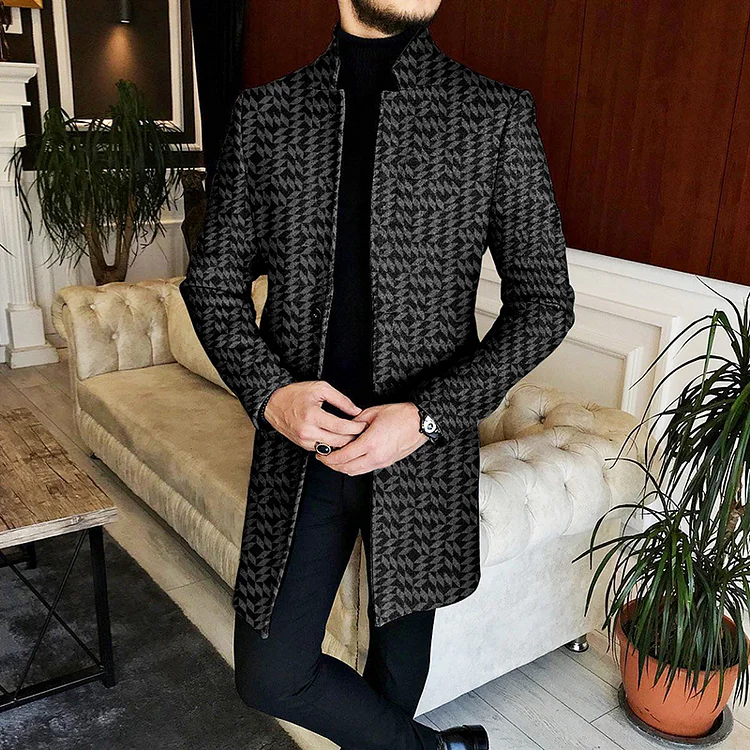 BrosWear Men's Diamond Pattern Mid Length Tweed Coat