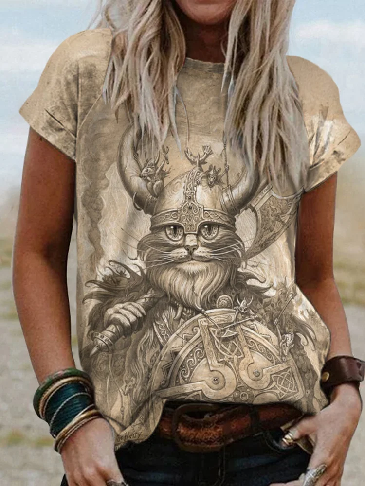 Tribal Viking Cat Print Short Sleeve Round Neck T-Shirt