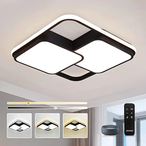Smart LED Deckenlampe Kompatibel mit Alexa App Google Home 36W Schwarz Deckenleuchte Dimmbar mit Fernbedienung 3000K-6500K Memory Leuchte für Schlafzimmer,Wohnzimmer Eckig Ø42CM