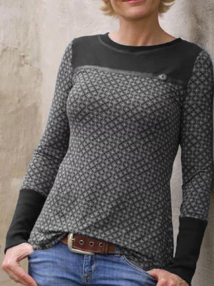 Casual Plaid Patchwork O neck Long Sleeve T shirt P1747889