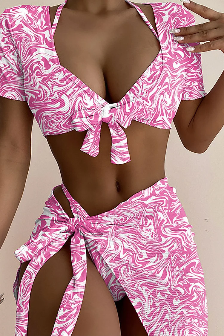 Halter Print Lace Up Four-Piece Bikini Set