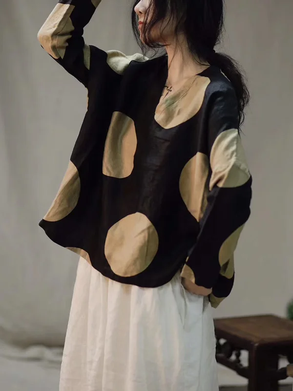Original Roomy Linen Polka-Dot V-Neck Long Sleeves T-Shirt Top