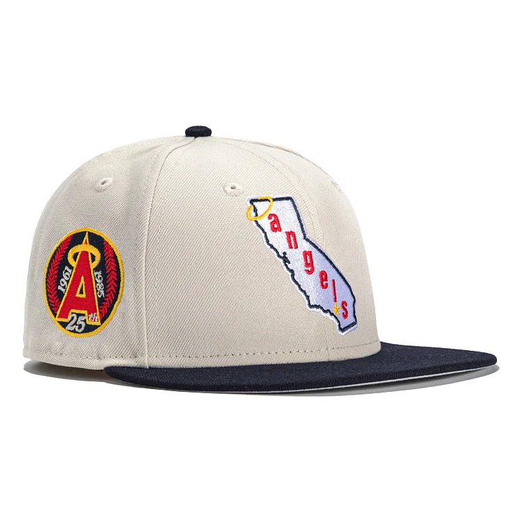 Exclusive New Era 59Fifty Stone Dome Los Angeles Angels 25th Anniversary Patch Hat- Stone, Navy QueenFunky