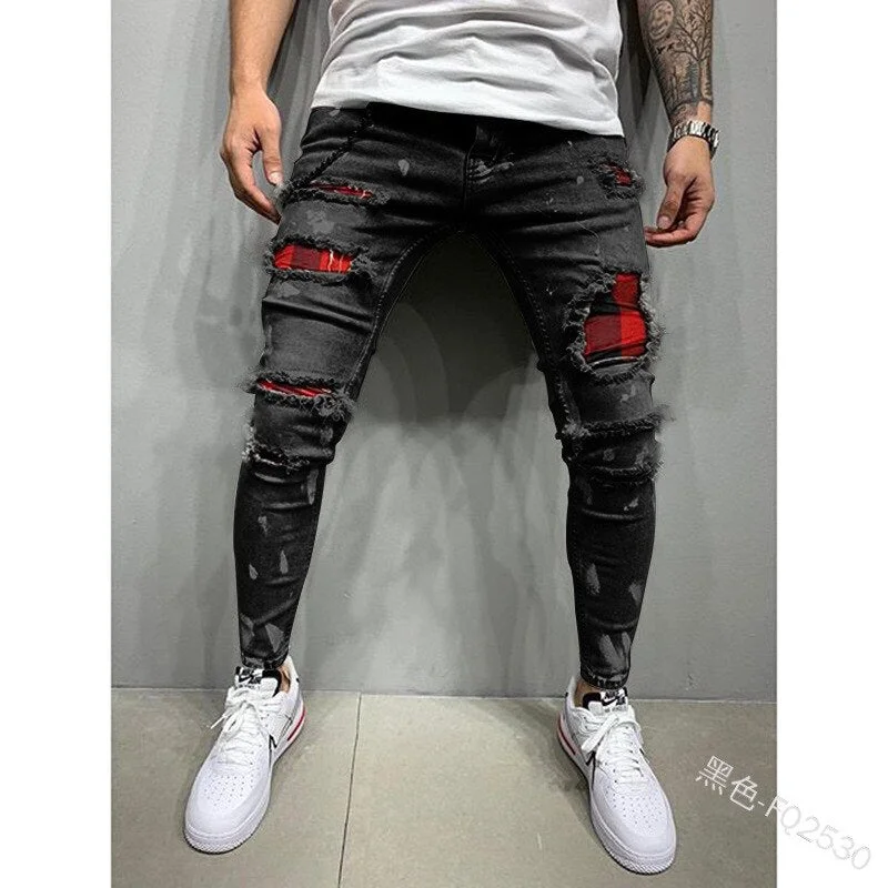 Aonga 2024 Men Ripped Jeans Patchwork Skinny Pencil Pants Slim Hole Hip Hop Denim Male Patch Beggar Pants Street Biker Cowboy Bottoms