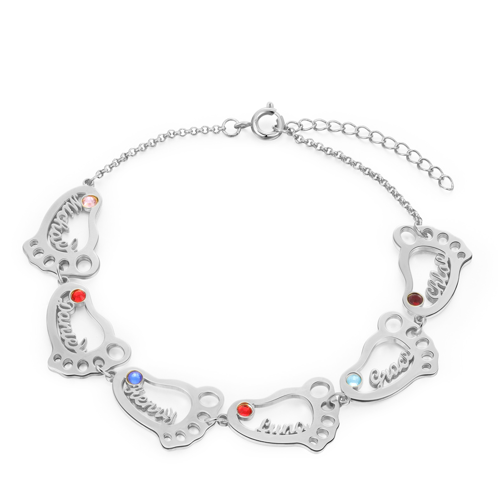 Personalized Baby Feet Name Bracelet with 6 Birthstones Family Bracelet