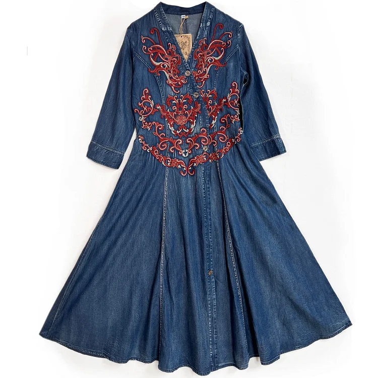 Vintage Denim Embroidered Slim Midi Dress