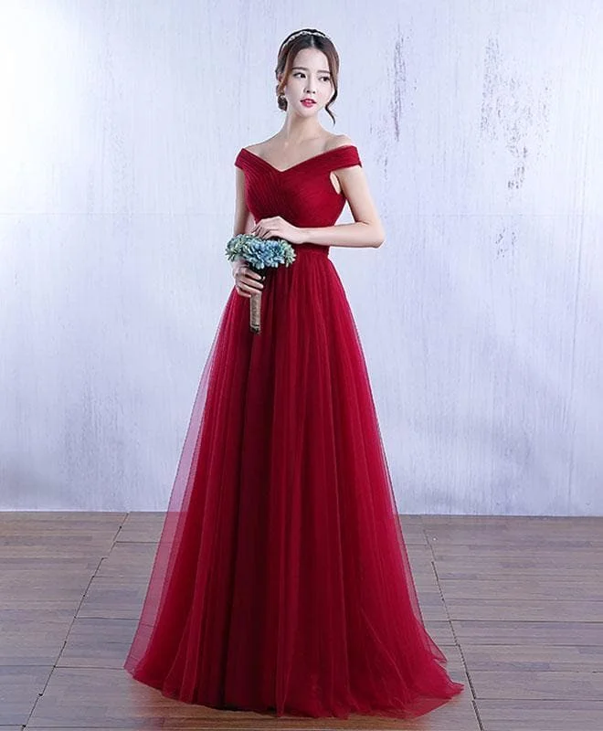 Simple V Neck Tulle A Line Long Prom Dress, Cheap Evenin Dress