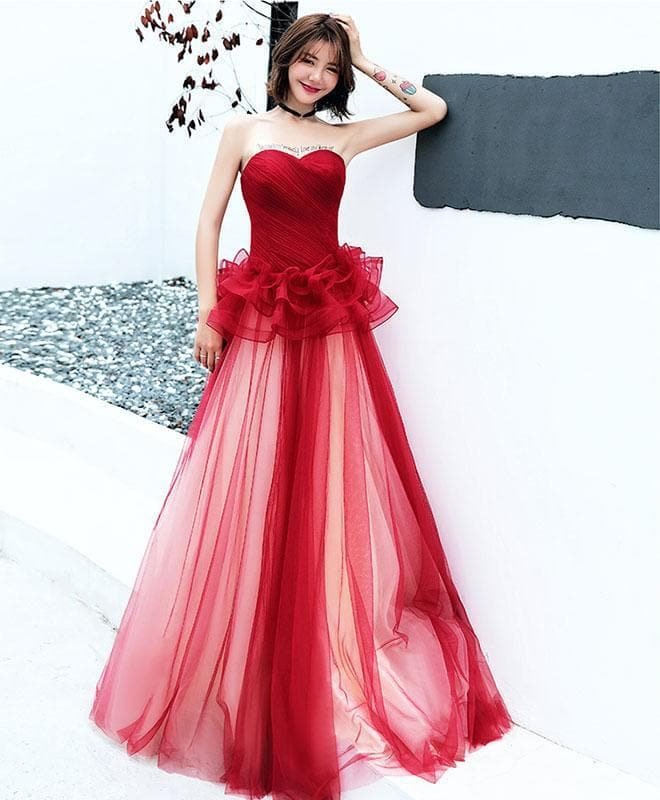 Simple Burgundy Tulle Long Prom Dress, Burgundy Evening Dress
