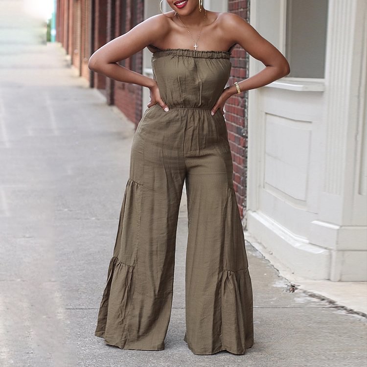 Vefave Fashion Solid Color Tube Top Jumpsuit