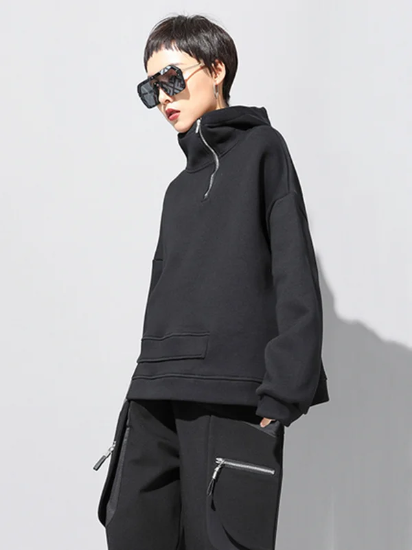 Stylish Black Asymmetric Zipper Hoodies