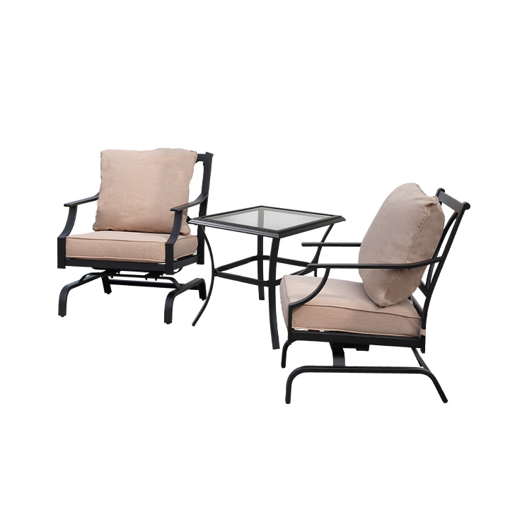 3 Piece Metal Bistro Rocking Chairs, Indoor Outdoor Chat Set Beige