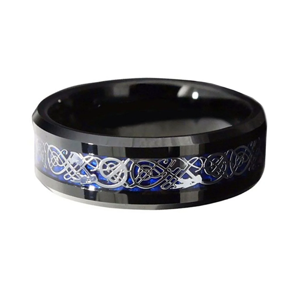 8MM Black Tungsten Rings Inlay Blue Carbon Fiber Dragon Pattern Wedding Bands