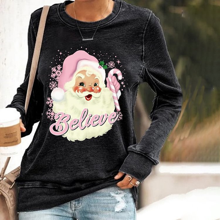 Comstylish Casual Santa Believe Crew Neck Sweatshirt