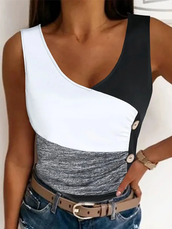 Skinny Sleeveless Contrast Color Elasticity Pleated Split-Joint V-Neck Vest Top