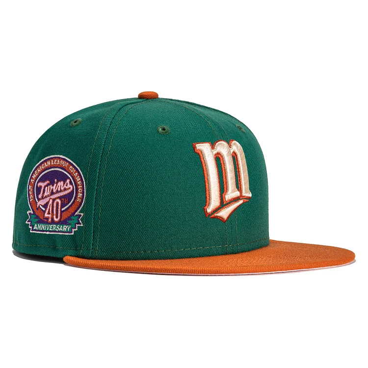 Exclusive New Era 59Fifty Cactus Fruit Minnesota Twins 40th Anniversary Patch Hat- Green, Burnt Orange QueenFunky