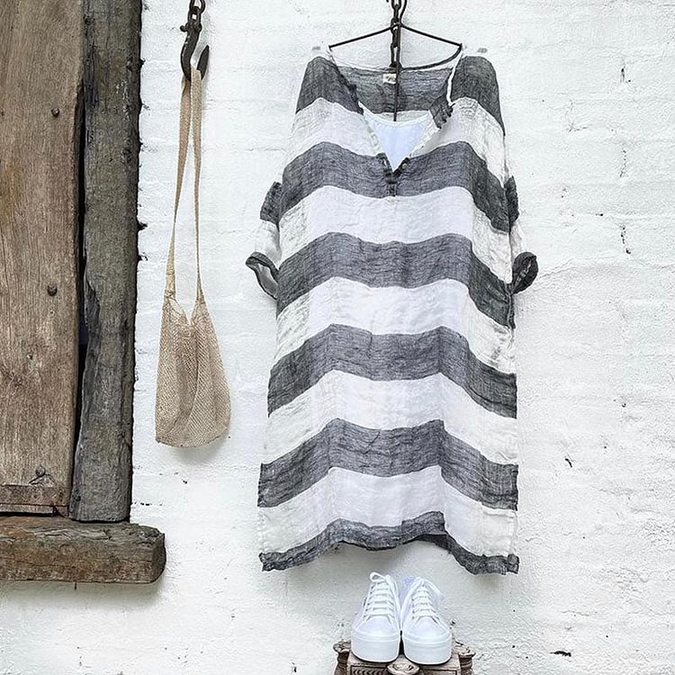 VChics Casual Loose V Neck Striped Midi Dress
