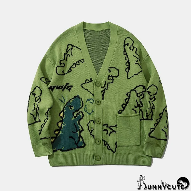 Cartoon Dinosaur Print Knit V-neck Cardigan Sweater