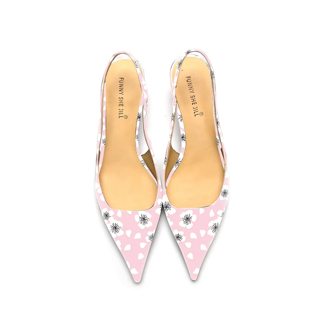 Pink Floral Pattern Patent Leather Pointed Toe Elegant Kitten Heel Slingback Dress Pump Shoes Nicepairs