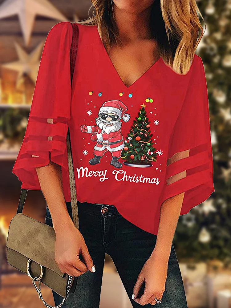 Christmas V-neck Flared Sleeves Loose Top Plus Size VangoghDress
