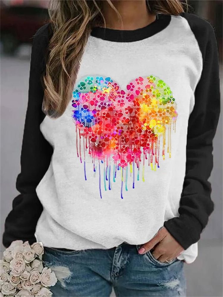 VChics Dog Paw Heart Colorblock Long Sleeve Sweatshirt