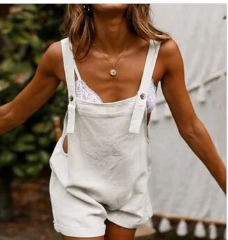 Women Loose Style Overalls Boho Solid Color Square Collar Playsuits Sleeveless Rompers Summer Casual Clothes
