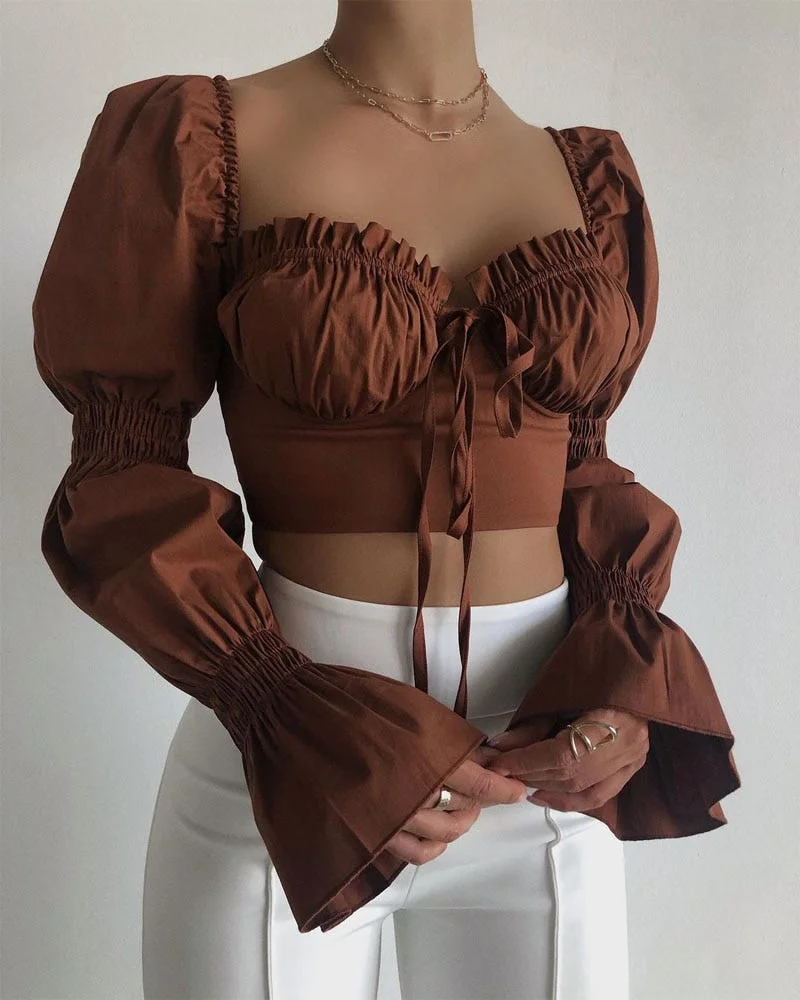 ABEBEY Puff Long Sleeve Ruffle Lace-up T-Shirt Elegant Fashion Women Square Collar Bustiers Crop Tops Autumn Winter Clothes