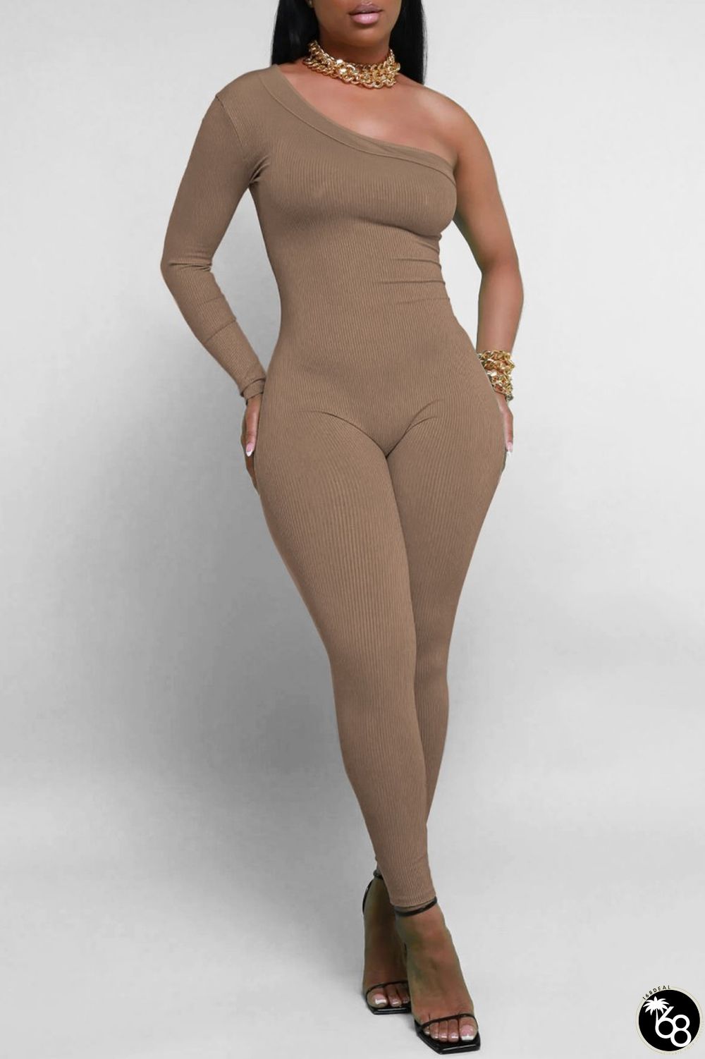 Khaki Casual Solid Backless Oblique Collar Skinny Jumpsuits | 168DEAL