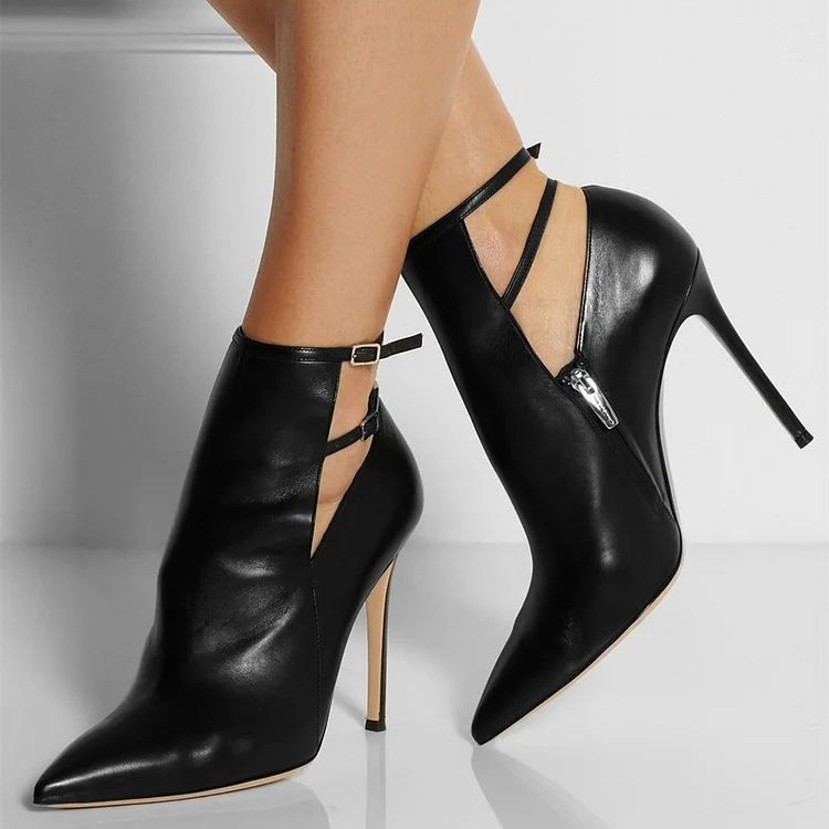 Black Pointy Toe Stiletto Heel Ankle Strap Boots - Double Strap Booties for Fall Vdcoo