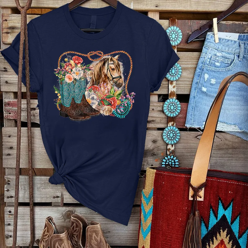 Beautiful Flower Boots And Horse Women's Graphic Tees