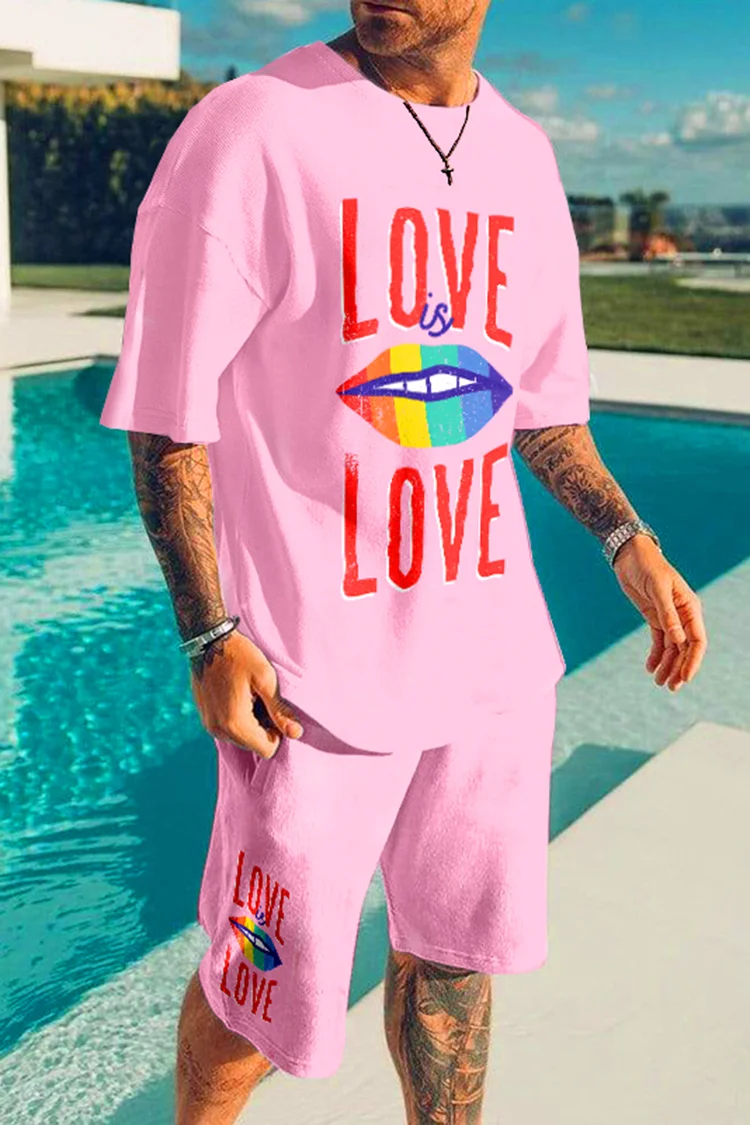 Love Is Love Pink Print T-Shirt And Shorts Two-Piece Set