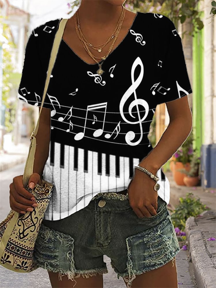 Comstylish Piano Keys Music Notes Contrast V Neck T Shirt