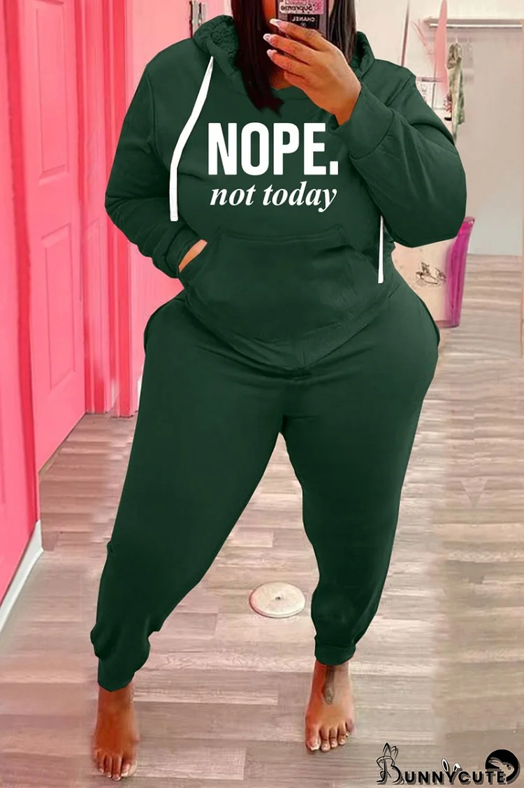 Winter Plus Size Casual Green Letter Print Hoodies And Pant Wholesale Two Piece Sets