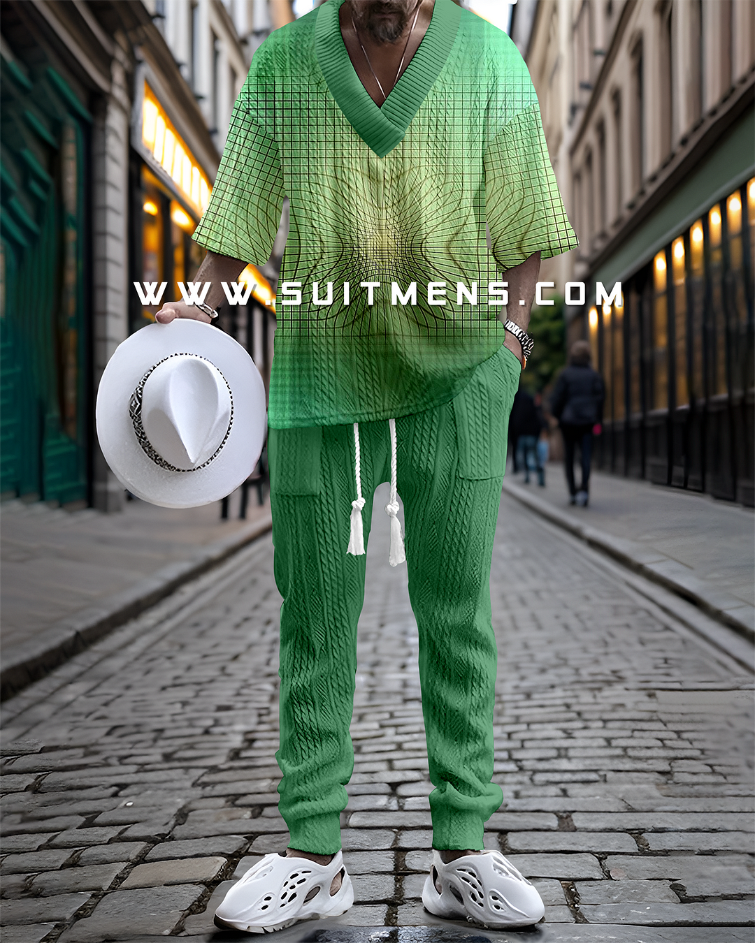 Men's V-Neck Luxurious Colorblock Textured Print Trouser Set 021