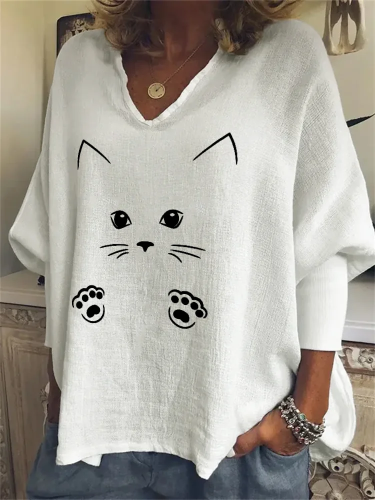 Vefave Lovely Cat Face & Paws Oversize Tunic