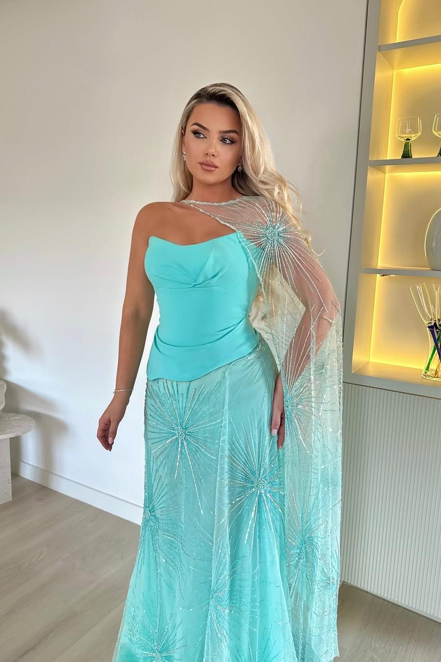 green emerald velvet dress Strapless Mint Green Lace Prom Dress with Slit – FancyVestido main image 1
