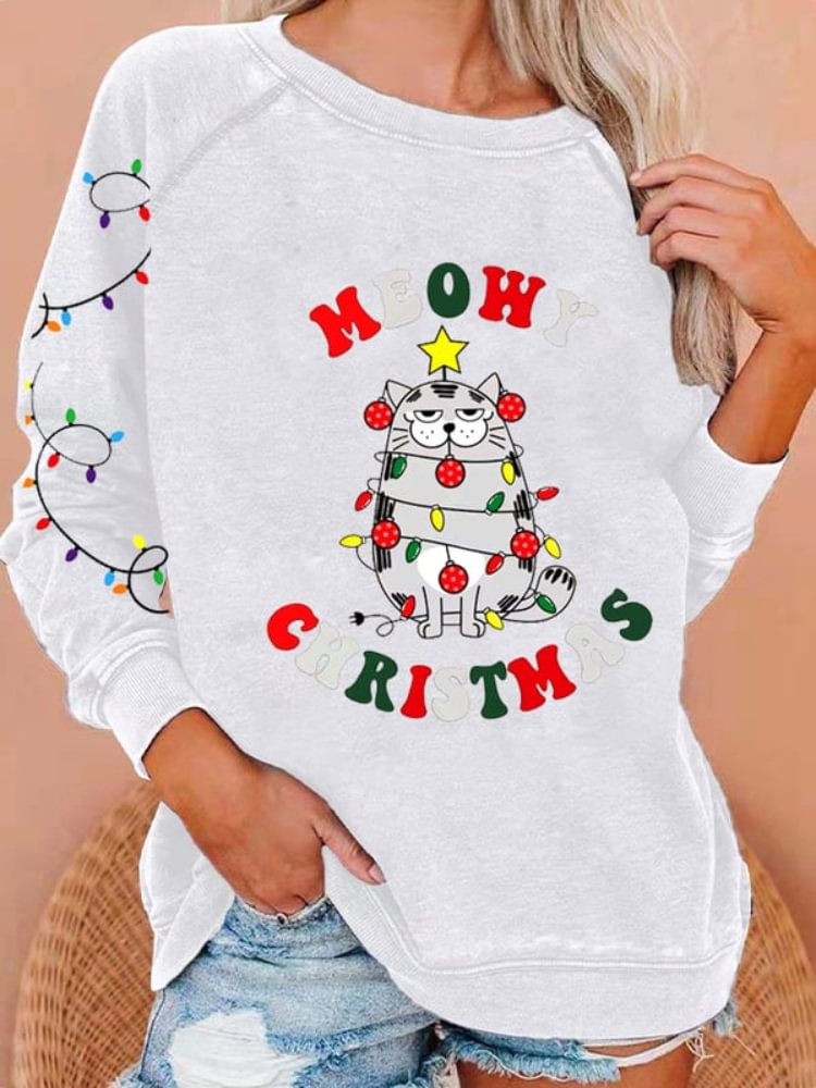 Comstylish Meowy Christmas Cartoon Cat Print Sweatshirt