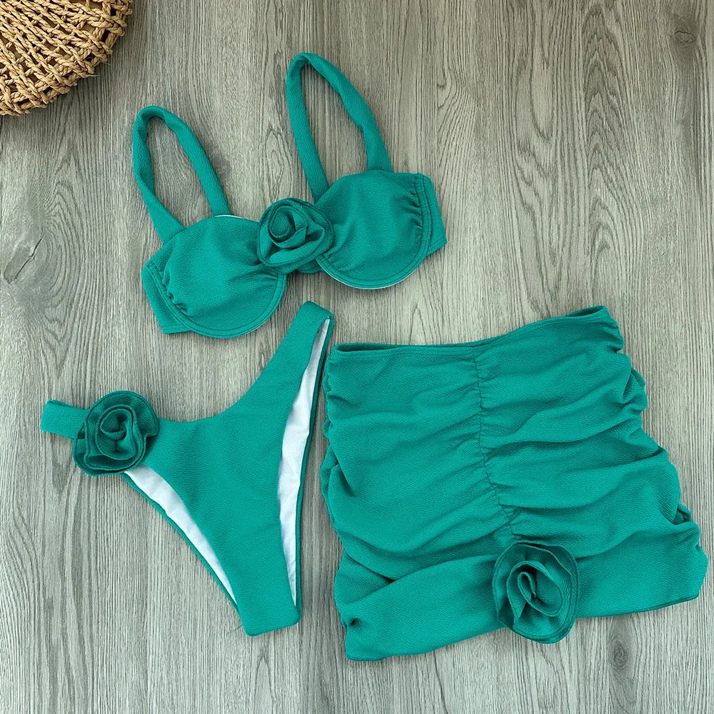 Uaang Floral Lace 3pieces Micro Bikini 2024 Women Swimsuit Female