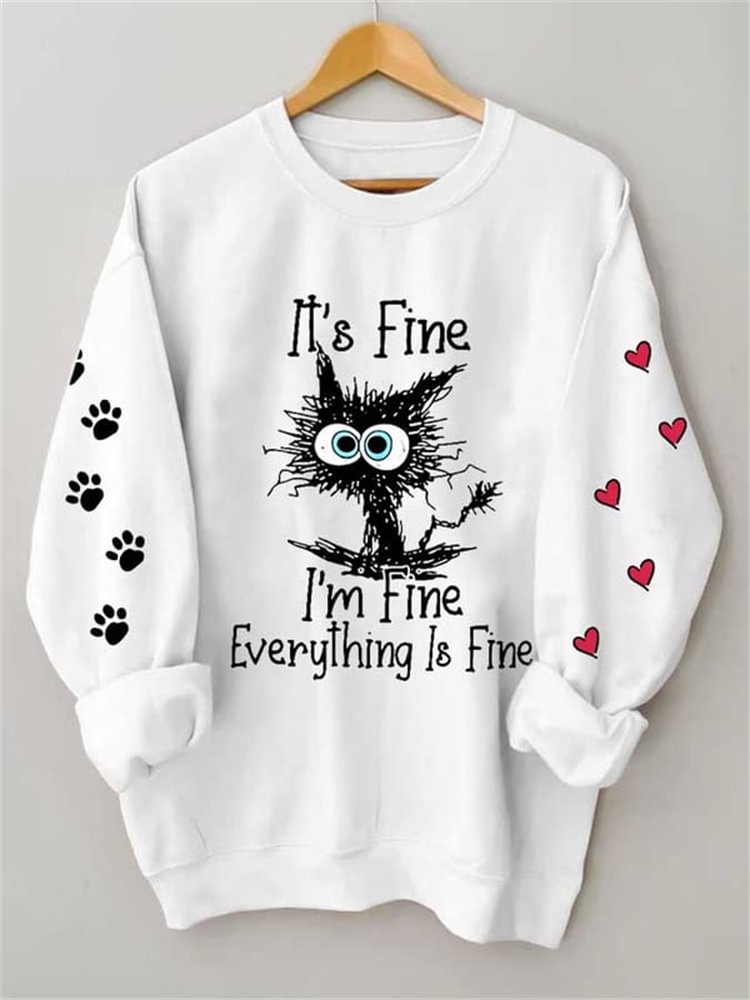 Comstylish I'M Fine Everything Is Fine Cat Print Sweatshirt