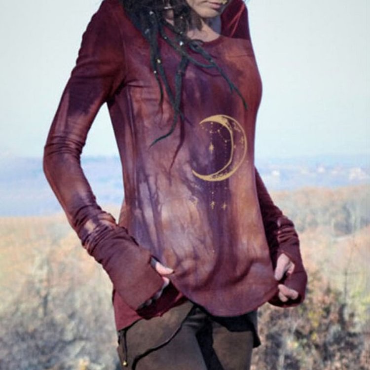 Round Neck Long Sleeve Moon Print Tie-Dye T-Shirt