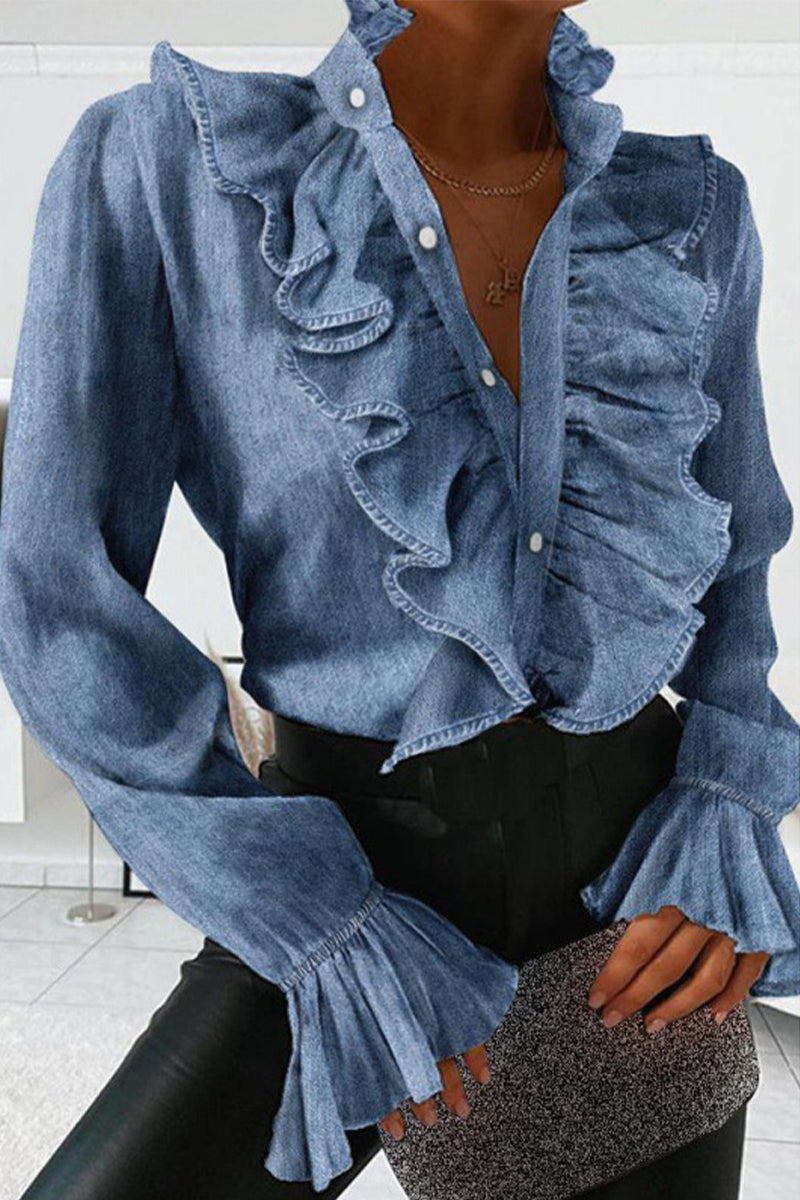 Elegant Simplicity Solid Buckle Mandarin Collar Tops