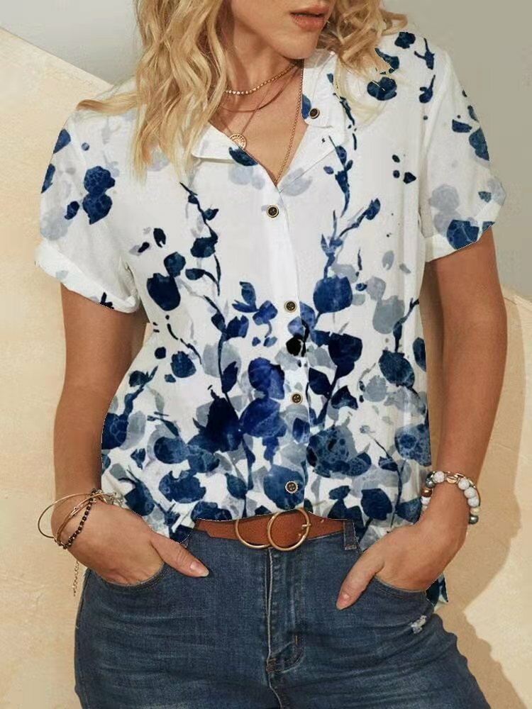 Button Flower Print Short Sleeve Stand Collar Shirt For Women P1833943