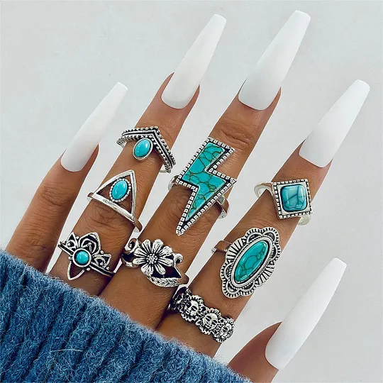 Bohemian Vintage Turquoise Cross Lightning Ring Set