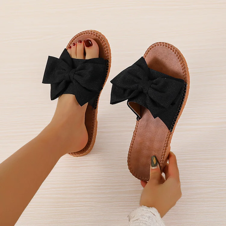 Women's Bow Tie Flat Slippers, Lightweight Solid Color Slide Sandals, Non Slip Beach Shoes