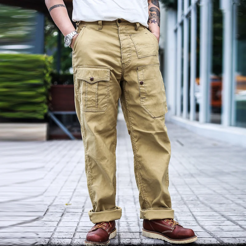 Vintage Khaki Cotton Solid Color High-Waisted Straight-Leg Cargo Pants