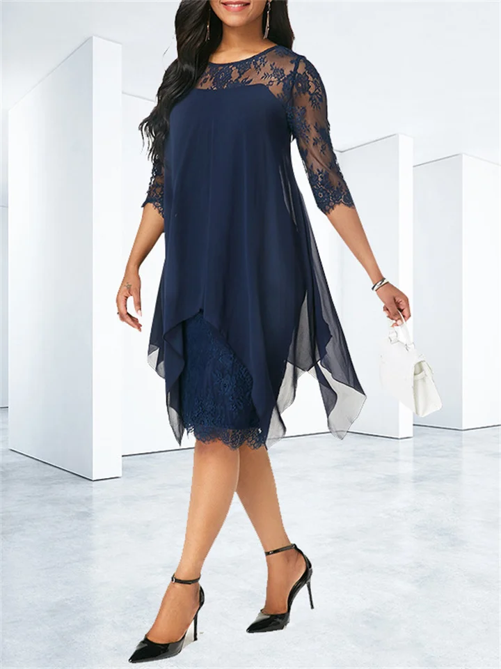 Spring and Summer New Elegant Wind Round Neck Lace Splicing Seven-point Sleeve Medium-length Knee-length Chiffon Solid Color Irregular Dress