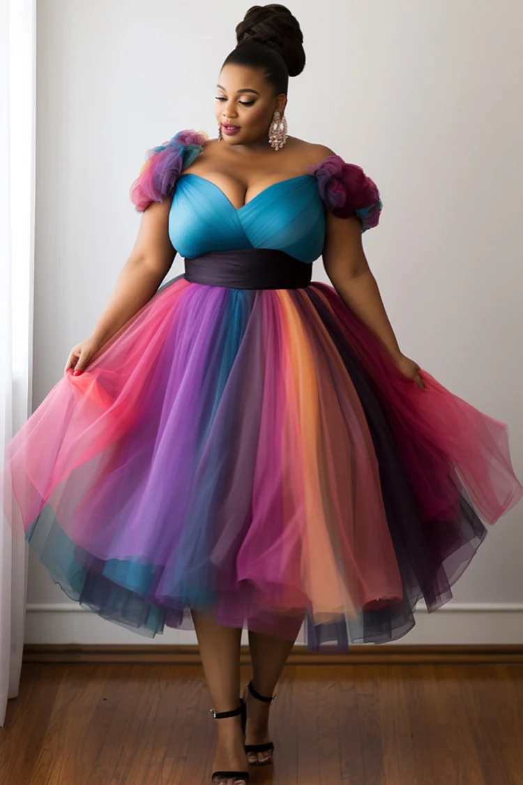 Xpluswear Design Plus Size Prom Elegant Multicolor Gradient Wrap Neck Tiered Tulle Midi Dresses [Pre-Order]