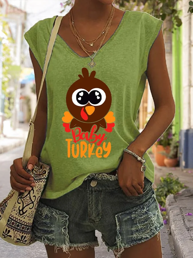 Women's Happy Thanksgiving Baby Turkey Casual Sleeveless Tee socialshop